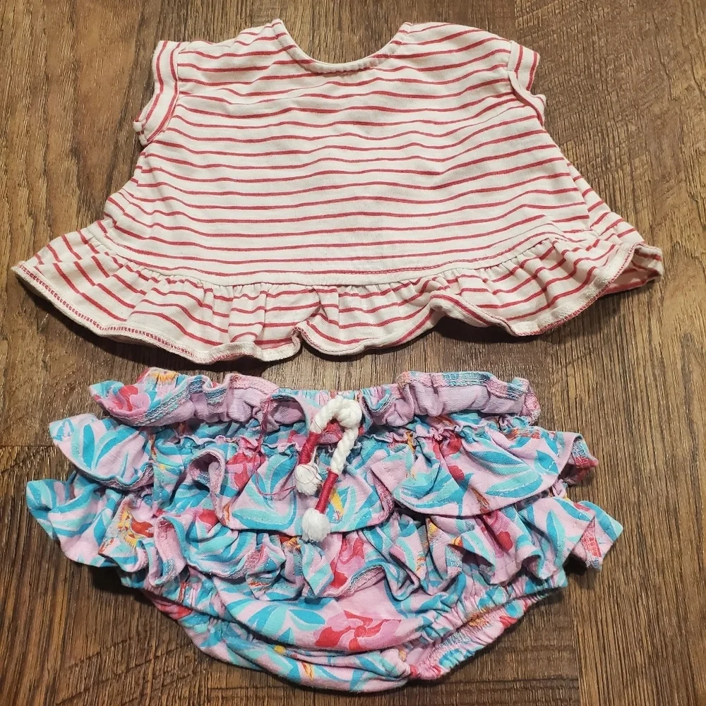 Jessica Simpson Baby Girl Striped Tee Shirt Top Ruffle Shorts Tropical Bird 3-6M
